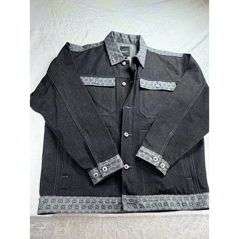 Vintage Godbody GG Designer Monogram Streetwear Hip‎ Hop Denim Jacket Lg Black